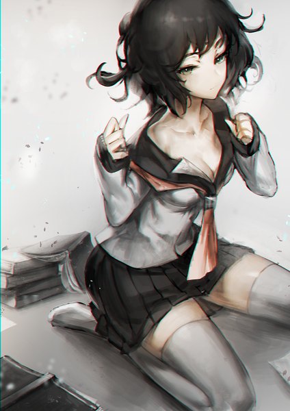 Anime picture 800x1132 with original hxxg single tall image short hair breasts light erotic black hair sitting bare shoulders green eyes grey background no shoes girl thighhighs uniform serafuku book (books)