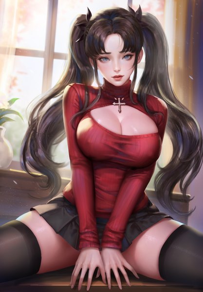 Anime-Bild 3024x4347 mit fate (series) fate/stay night toosaka rin turewindwalker single long hair tall image looking at viewer blush fringe highres breasts blue eyes light erotic black hair large breasts sitting twintails absurdres indoors