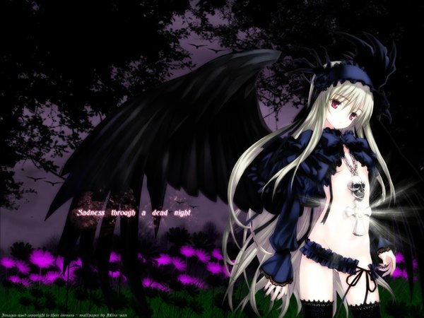 Anime picture 1280x960 with rozen maiden suigintou single long hair light erotic blonde hair pink eyes black background black wings third-party edit glow partial nude gothic girl thighhighs flower (flowers) black thighhighs wings hairband cross
