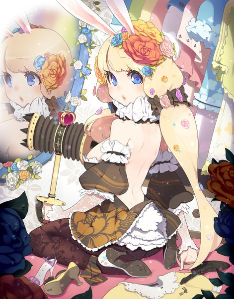 Anime picture 1000x1272 with original ssberit single long hair tall image looking at viewer blue eyes blonde hair sitting animal ears tail animal tail hair flower from behind high heels bunny ears kneeling back reflection bunny tail