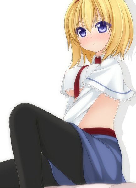 Anime picture 971x1345 with touhou alice margatroid chimunge tall image looking at viewer blush short hair light erotic simple background blonde hair white background purple eyes girl skirt pantyhose black pantyhose