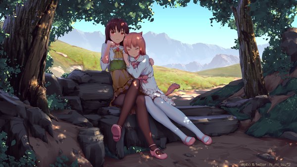 Anime picture 1920x1080 with original tokinohimitsu long hair highres smile red eyes brown hair wide image sitting multiple girls signed animal ears pink hair sky tail eyes closed animal tail cat ears shadow cat girl