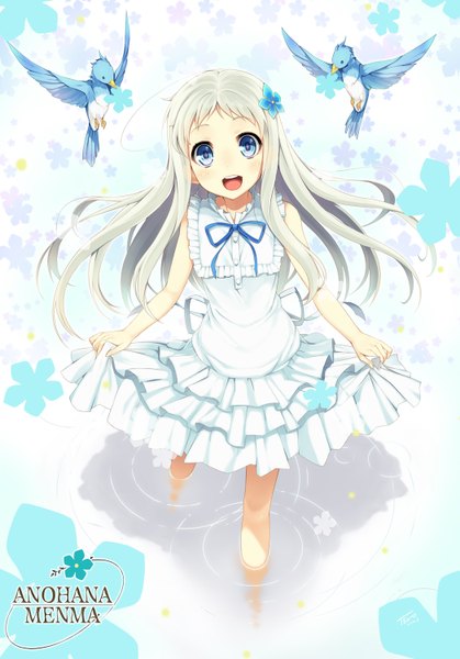 Anime picture 1047x1500 with ano hi mita hana no namae wo bokutachi wa mada shiranai a-1 pictures honma meiko tel-o long hair tall image looking at viewer blush open mouth blue eyes bare shoulders :d hair flower grey hair + + girl hair ornament flower (flowers) animal water