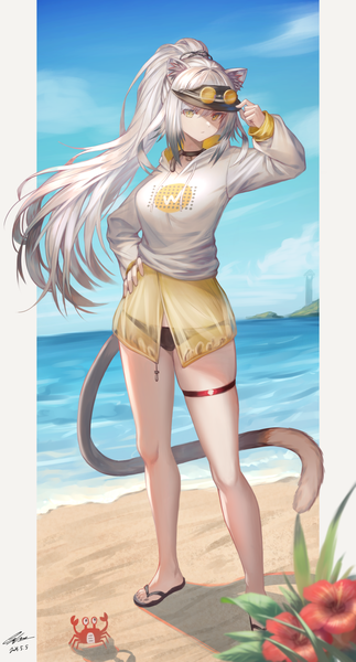 Anime picture 2200x4093 with arknights schwarz (arknights) ioriwu8 single long hair tall image looking at viewer fringe highres hair between eyes standing signed animal ears yellow eyes payot sky silver hair full body ponytail tail