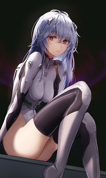 Anime picture 3500x5866 with neon genesis evangelion rebuild of evangelion evangelion: 3.0+1.0 thrice upon a time gainax ayanami rei lu (ssuel) single long hair tall image looking at viewer fringe highres breasts light erotic simple background hair between eyes red eyes large breasts sitting blue hair