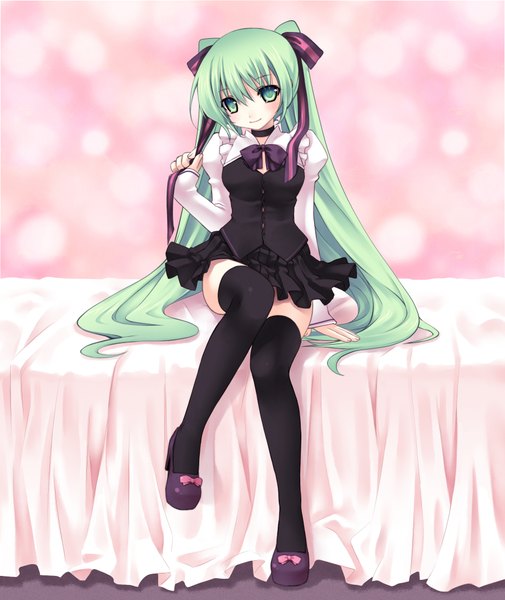 Anime picture 1800x2138 with vocaloid hatsune miku nana mikoto single long hair tall image highres sitting twintails green eyes green hair girl thighhighs black thighhighs bed