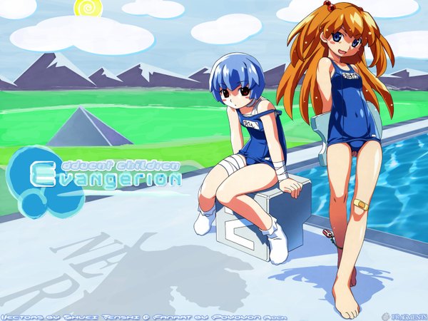 Anime picture 1600x1200 with neon genesis evangelion gainax soryu asuka langley ayanami rei watanabe akio long hair looking at viewer short hair blue eyes light erotic smile red eyes standing sitting multiple girls signed blue hair sky cloud (clouds) full body
