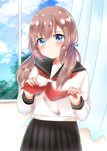Anime picture 2894x4093 with original omochi (rimulovemiku) single long hair tall image looking at viewer blush fringe highres blue eyes hair between eyes brown hair standing twintails payot sky cloud (clouds) indoors long sleeves head tilt