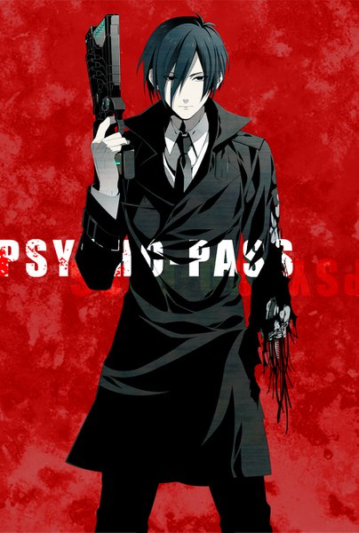 Anime picture 909x1347 with psycho-pass production i.g nobuchika ginoza 8055 single tall image looking at viewer fringe short hair simple background hair between eyes standing holding copyright name torn clothes monochrome red background spoilers formal spot color