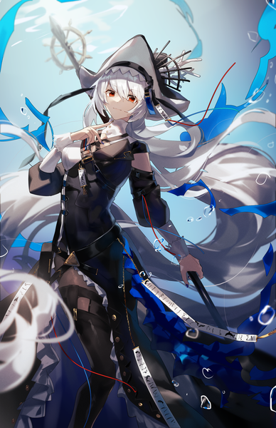 Anime picture 1650x2550 with arknights specter (arknights) specter the unchained (arknights) grape (pixiv27523889) single tall image looking at viewer fringe smile hair between eyes red eyes silver hair very long hair official alternate costume girl hat bubble (bubbles)