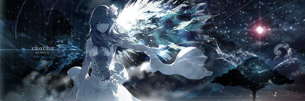 Anime picture 3000x1000 with original c.c.r single long hair looking at viewer fringe highres black hair hair between eyes wide image bare shoulders holding signed sky upper body outdoors hair flower aqua eyes night night sky