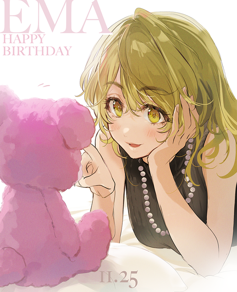 Anime picture 750x924 with tokyo revengers sano emma miyuki nknk single long hair tall image blush blonde hair yellow eyes looking away sleeveless character names dated happy birthday head rest girl toy stuffed animal stuffed toy beads
