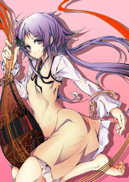 Anime picture 2893x4092 with touhou tsukumo benben baba (baba seimaijo) single long hair tall image looking at viewer highres simple background smile purple eyes purple hair ahoge barefoot pink background girl lute (instrument)