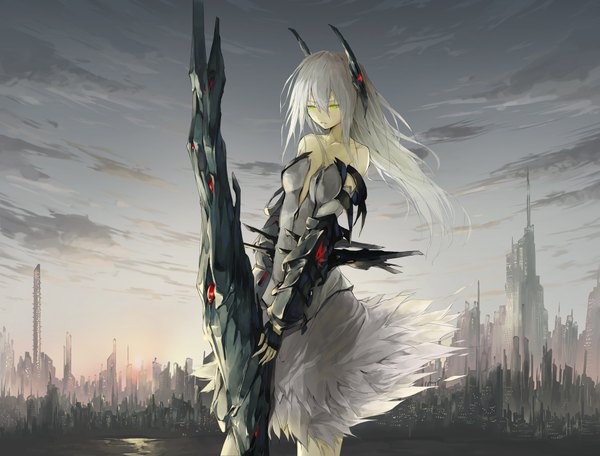 Anime picture 1883x1433 with original solru (tyappygain) single long hair looking at viewer highres bare shoulders green eyes sky cloud (clouds) white hair city evening sunset girl dress gloves hair ornament weapon armor