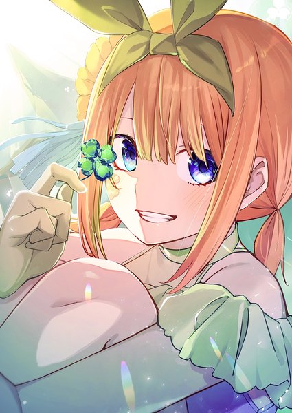 Anime picture 2508x3541 with go-toubun no hanayome nakano yotsuba tamago sando single tall image looking at viewer highres short hair blue eyes smile sitting twintails orange hair grin low twintails short twintails girl ribbon (ribbons) hair ribbon