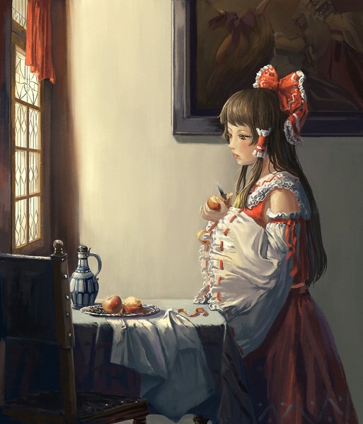 Anime picture 1169x1366 with touhou hakurei reimu ibuki suika amibazh single long hair tall image looking at viewer red eyes brown hair standing indoors parted lips wide sleeves parody painting fine art parody girl detached sleeves window