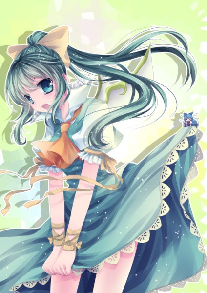 Anime picture 1753x2480 with touhou cirno daiyousei mikazuki sara long hair tall image highres open mouth blue eyes ponytail green hair girl dress bow hair bow