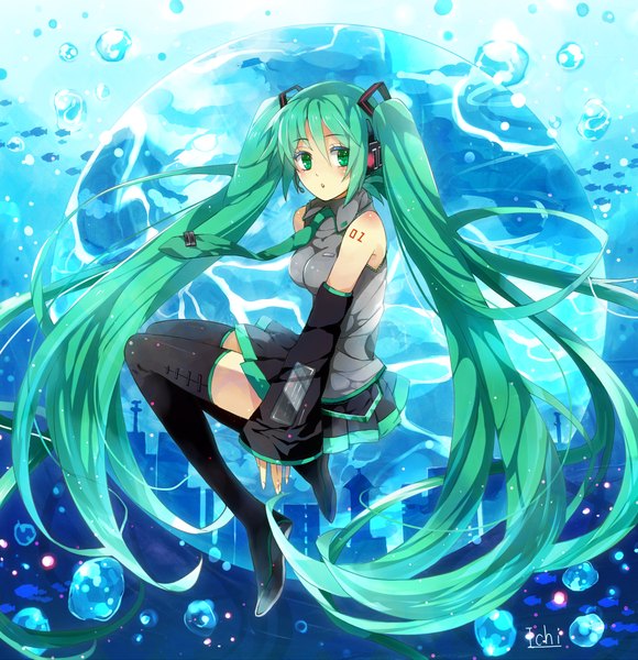 Anime picture 1015x1050 with vocaloid hatsune miku single tall image looking at viewer blush twintails bare shoulders very long hair aqua eyes aqua hair underwater girl skirt detached sleeves necktie headphones bubble (bubbles)