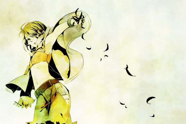 Anime picture 1500x1000 with vocaloid kagamine rin eto ichika single short hair blue eyes simple background blonde hair white background sky armpit (armpits) midriff monochrome flat chest girl belt leaf (leaves)