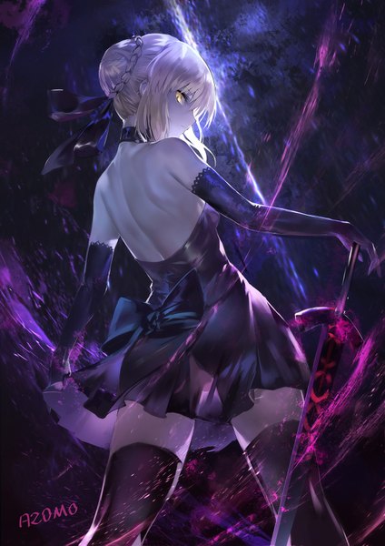 Anime picture 1200x1697 with fate (series) fate/grand order artoria pendragon (all) saber alter azomo single tall image looking at viewer short hair light erotic blonde hair bare shoulders signed yellow eyes ass braid (braids) looking back from behind zettai ryouiki braided bun