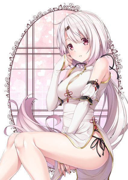 Anime picture 1000x1412 with virtual youtuber nijisanji shiina yuika yuuri nayuta single long hair tall image looking at viewer blush fringe breasts light erotic simple background hair between eyes red eyes white background sitting bare shoulders silver hair long sleeves