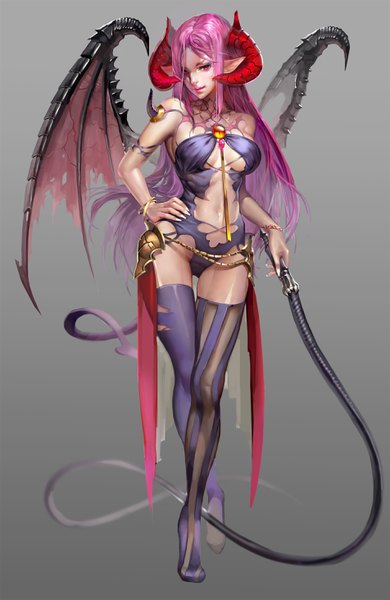 Anime picture 1904x2924 with original hx (091113) single long hair tall image looking at viewer highres breasts light erotic simple background holding pink hair full body tail nail polish pink eyes horn (horns) fingernails pointy ears grey background