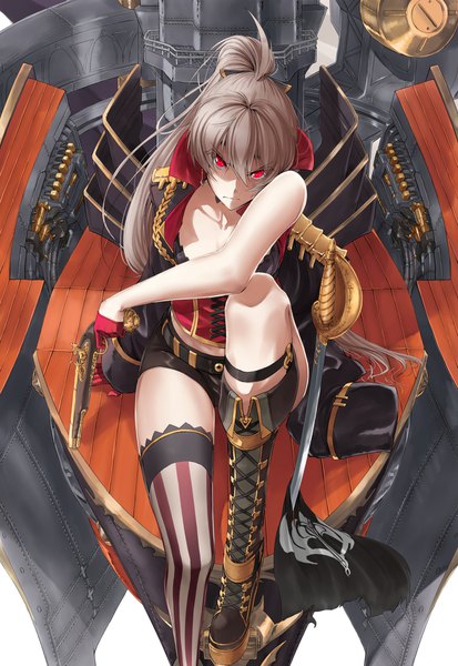 Anime picture 1296x1880 with azur lane jean bart (azur lane) v r dragon01 single long hair tall image looking at viewer fringe breasts light erotic simple background hair between eyes red eyes white background sitting holding ahoge ponytail grey hair arm support