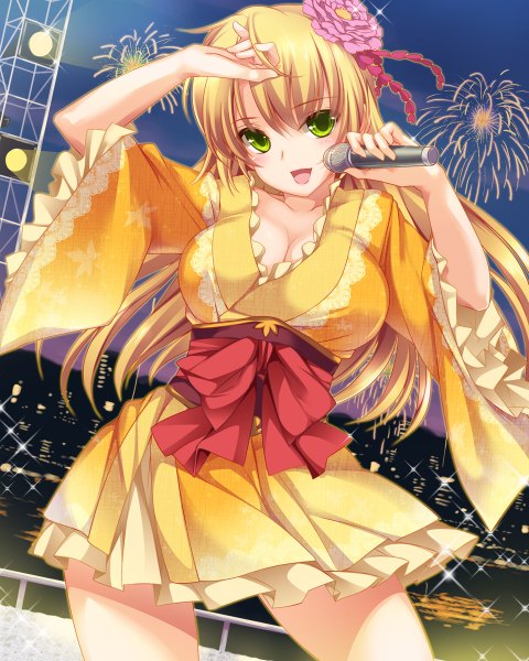 Anime picture 960x1200 with original moneti (daifuku) single long hair tall image looking at viewer blush open mouth blonde hair green eyes traditional clothes japanese clothes hair flower fireworks girl hair ornament flower (flowers) kimono microphone