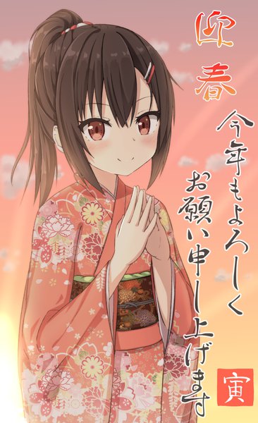 Anime picture 1525x2503 with original hippo (hirople) single long hair tall image looking at viewer fringe smile hair between eyes brown hair brown eyes payot ponytail long sleeves traditional clothes japanese clothes wide sleeves floral print new year hands clasped
