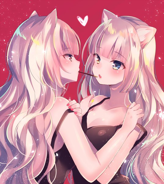 Anime picture 893x1000 with original nemuri nemu long hair tall image blush fringe breasts open mouth blue eyes simple background standing multiple girls holding animal ears yellow eyes cleavage silver hair blunt bangs nail polish profile