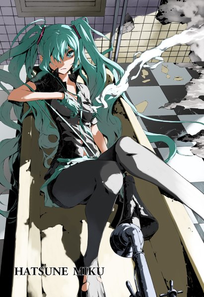 Anime picture 882x1285 with vocaloid koi wa sensou (vocaloid) hatsune miku justminor single long hair tall image looking at viewer fringe open mouth twintails aqua eyes hair over one eye aqua hair inscription torn clothes smoke checkered floor smoking torn pantyhose