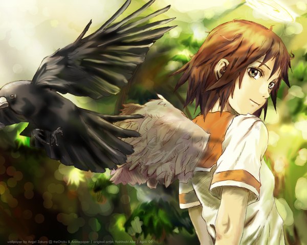 Anime picture 1280x1024 with haibane renmei rakka (haibane) angel--zakuro highres short hair black hair looking back light smile girl animal wings bird (birds) crow