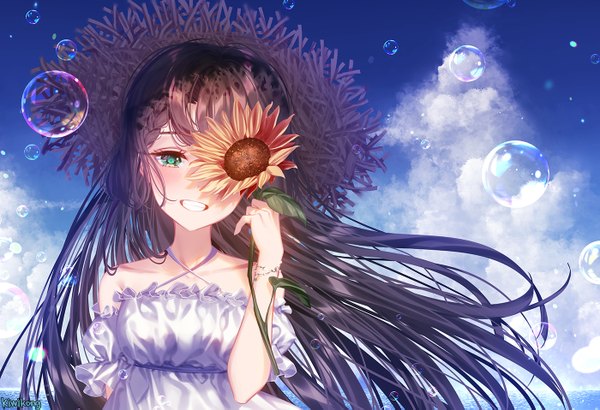 Anime picture 1400x957 with original kiwikong single long hair looking at viewer blush fringe smile brown hair bare shoulders holding green eyes signed sky cloud (clouds) upper body outdoors braid (braids) wind grin