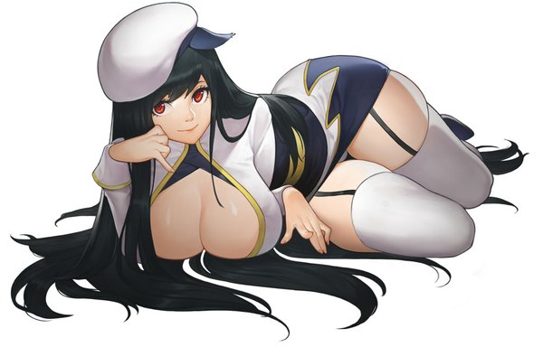 Anime picture 1000x640 with bling single long hair looking at viewer fringe breasts light erotic black hair simple background red eyes large breasts white background girl thighhighs white thighhighs garter straps