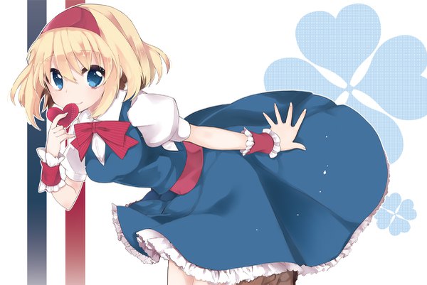 Anime picture 1200x803 with touhou alice margatroid oinari (tensaizoku) single looking at viewer fringe short hair blue eyes blonde hair hair between eyes white background leaning leaning forward puffy sleeves girl frills heart hairband bowtie