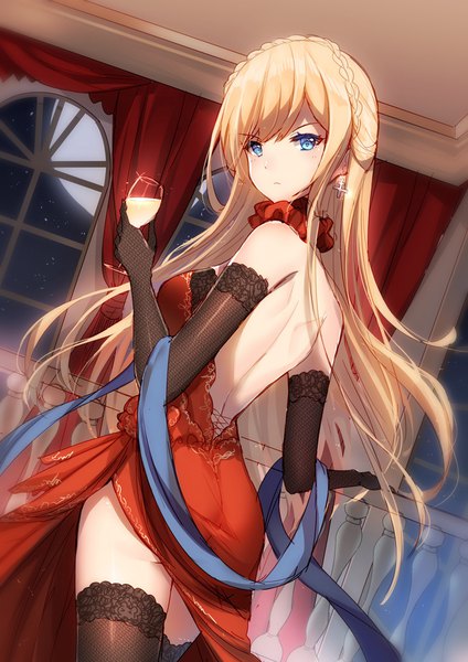 Anime picture 800x1131 with warship girls r richelieu (warship girls r) bison cangshu single long hair tall image looking at viewer blush fringe breasts blue eyes light erotic blonde hair holding ass indoors braid (braids) looking back from behind night