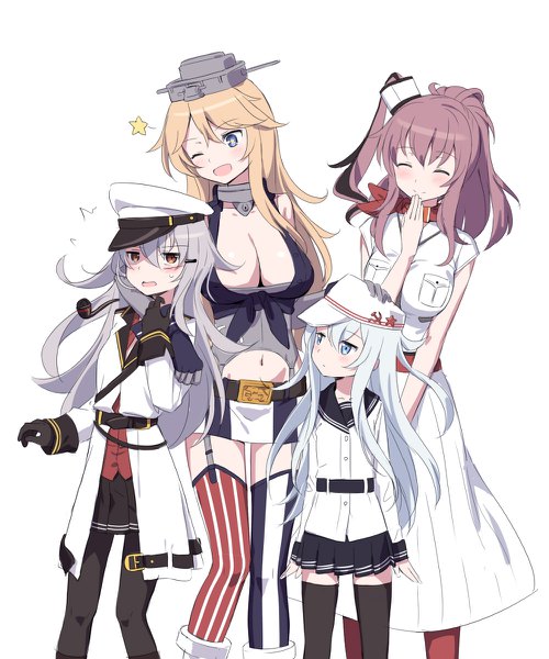 Anime picture 1000x1200 with kantai collection hibiki destroyer verniy destroyer iowa (kantai collection) saratoga (kantai collection) gangut (kantai collection) cnm long hair tall image blush fringe breasts blue eyes light erotic simple background blonde hair smile brown hair large breasts standing