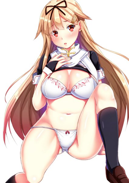 Anime picture 709x1000 with kantai collection yuudachi destroyer ebi 193 single long hair tall image looking at viewer blush fringe breasts light erotic simple background blonde hair red eyes large breasts white background remodel (kantai collection) girl navel underwear