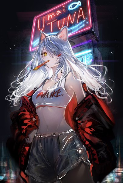 Anime picture 2744x4062 with original nanaponi single long hair tall image fringe highres holding animal ears yellow eyes silver hair cat ears hair over one eye off shoulder open jacket from below mouth hold girl pantyhose jacket
