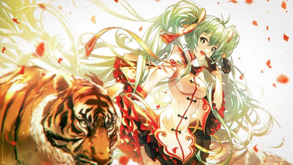 Anime picture 2000x1125 with vocaloid hatsune miku lengchan (fu626878068) single looking at viewer fringe highres open mouth hair between eyes wide image twintails green eyes ahoge very long hair :d green hair wind hand to mouth girl gloves