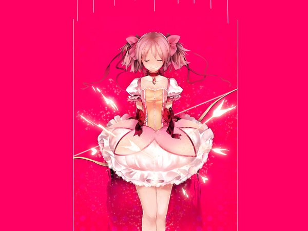 Anime picture 1500x1125 with mahou shoujo madoka magica shaft (studio) kaname madoka kaninnvven single short hair twintails yellow eyes pink hair eyes closed short twintails pink background girl dress bow weapon hair bow collar bow (weapon)