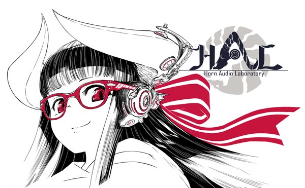 Anime picture 840x520 with original jaco single long hair looking at viewer fringe simple background smile red eyes wide image white background horn (horns) inscription monochrome close-up partially colored girl ribbon (ribbons) hair ribbon glasses