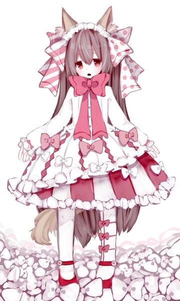 Anime picture 900x1500 with nachi single tall image looking at viewer blush fringe open mouth black hair simple background red eyes white background animal ears tail long sleeves very long hair animal tail cat ears cat tail pale skin girl