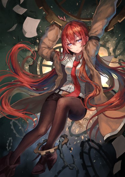 Anime picture 1723x2432 with steins;gate white fox makise kurisu okuma mai single long hair tall image looking at viewer fringe highres hair between eyes signed red hair off shoulder open clothes arms up silver eyes girl shirt pantyhose