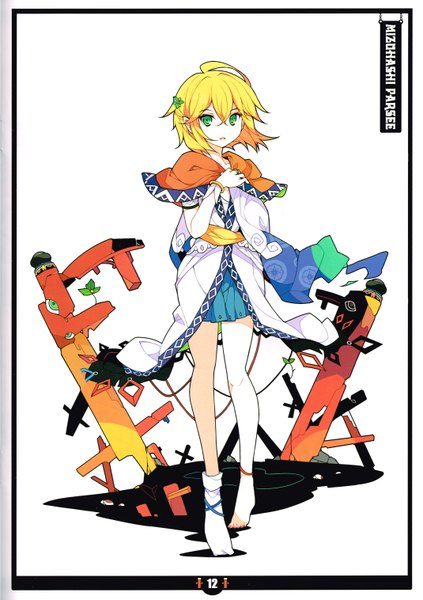 Anime picture 4274x6064 with touhou mizuhashi parsee ideolo single tall image looking at viewer fringe highres short hair open mouth blonde hair hair between eyes white background green eyes absurdres ahoge scan character names girl hair ornament
