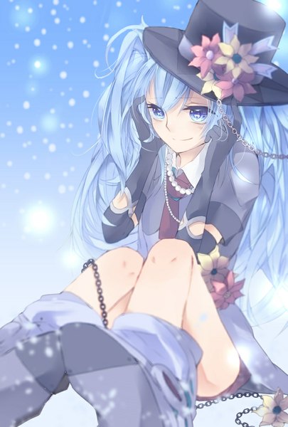 Anime picture 676x1000 with vocaloid hatsune miku tagme (artist) single long hair tall image fringe blue eyes smile sitting twintails blue hair alternate costume knees touching girl gloves flower (flowers) hat black gloves necktie