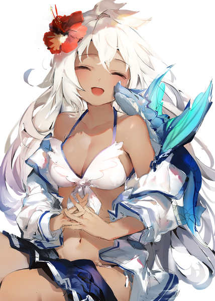 Anime picture 1950x2735 with granblue fantasy the order grande umibouzu (niito) single long hair tall image blush fringe highres breasts open mouth light erotic simple background smile hair between eyes white background bare shoulders cleavage white hair eyes closed