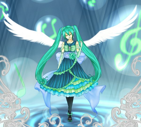 Anime picture 1150x1040 with vocaloid hatsune miku yanagi hakuren (artist) single blush twintails bare shoulders eyes closed very long hair green hair girl dress gloves wings jewelry