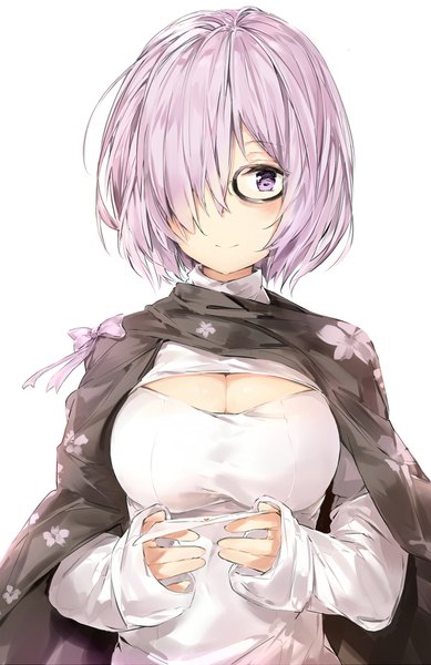 Anime picture 1100x1696 with fate (series) fate/grand order mash kyrielight silver (chenwen) single tall image looking at viewer blush fringe short hair breasts simple background smile large breasts standing purple eyes holding pink hair upper body long sleeves