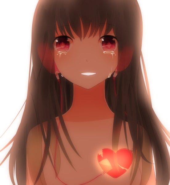 Anime picture 2300x2500 with original achiki single long hair tall image highres open mouth simple background red eyes brown hair white background tears crying girl heart headphones wire (wires)